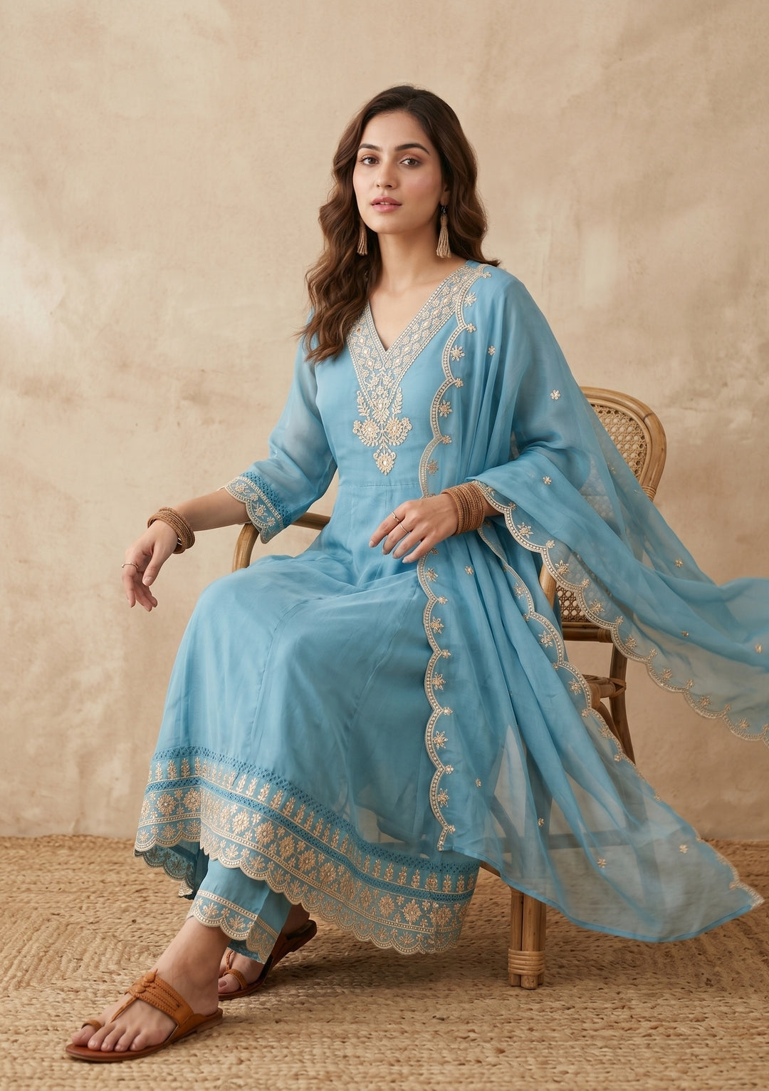 Sky Blue Threadwork Organza Readymade Salwar Suit