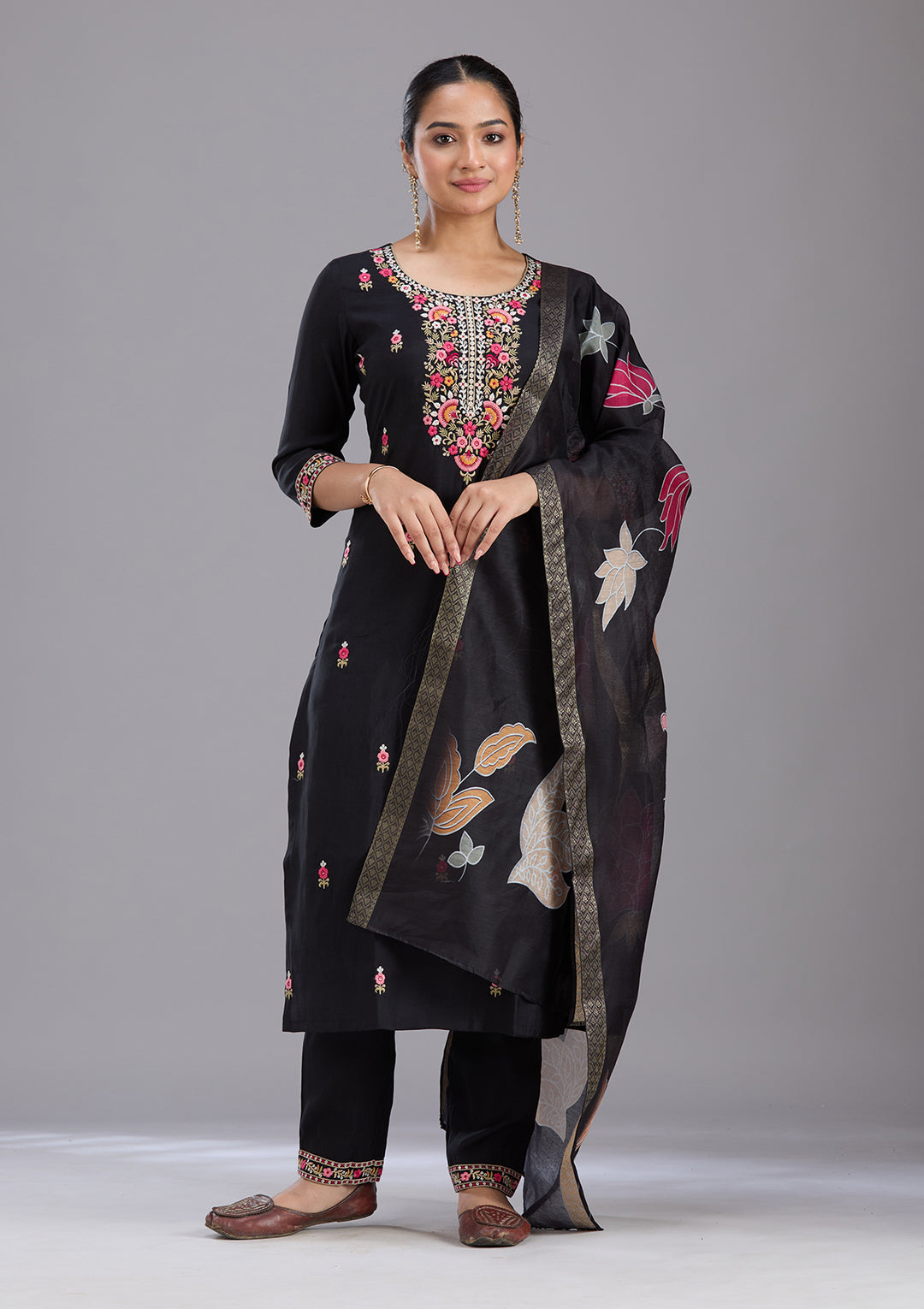 Black Threadwork Chanderi Readymade Salwar Suit