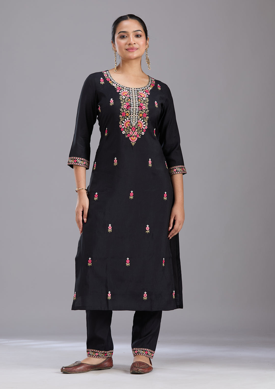 Black Threadwork Chanderi Readymade Salwar Suit