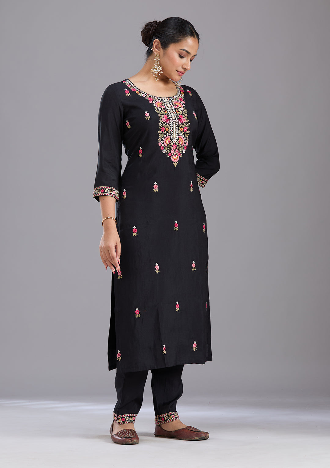 Black Threadwork Chanderi Readymade Salwar Suit