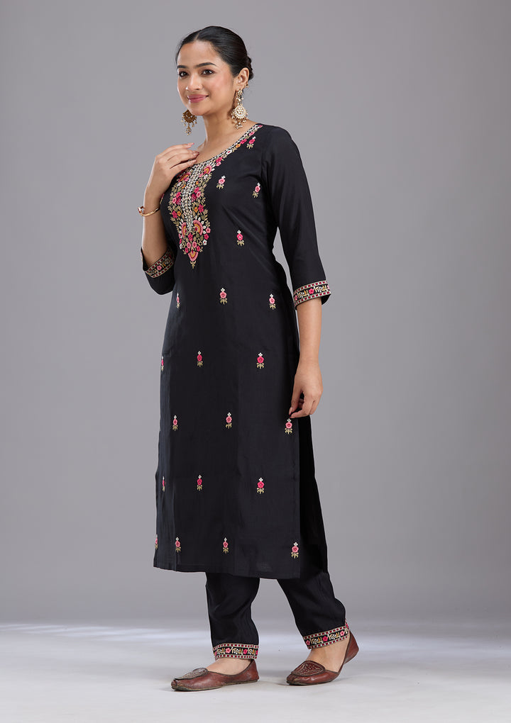 Black Threadwork Chanderi Readymade Salwar Suit