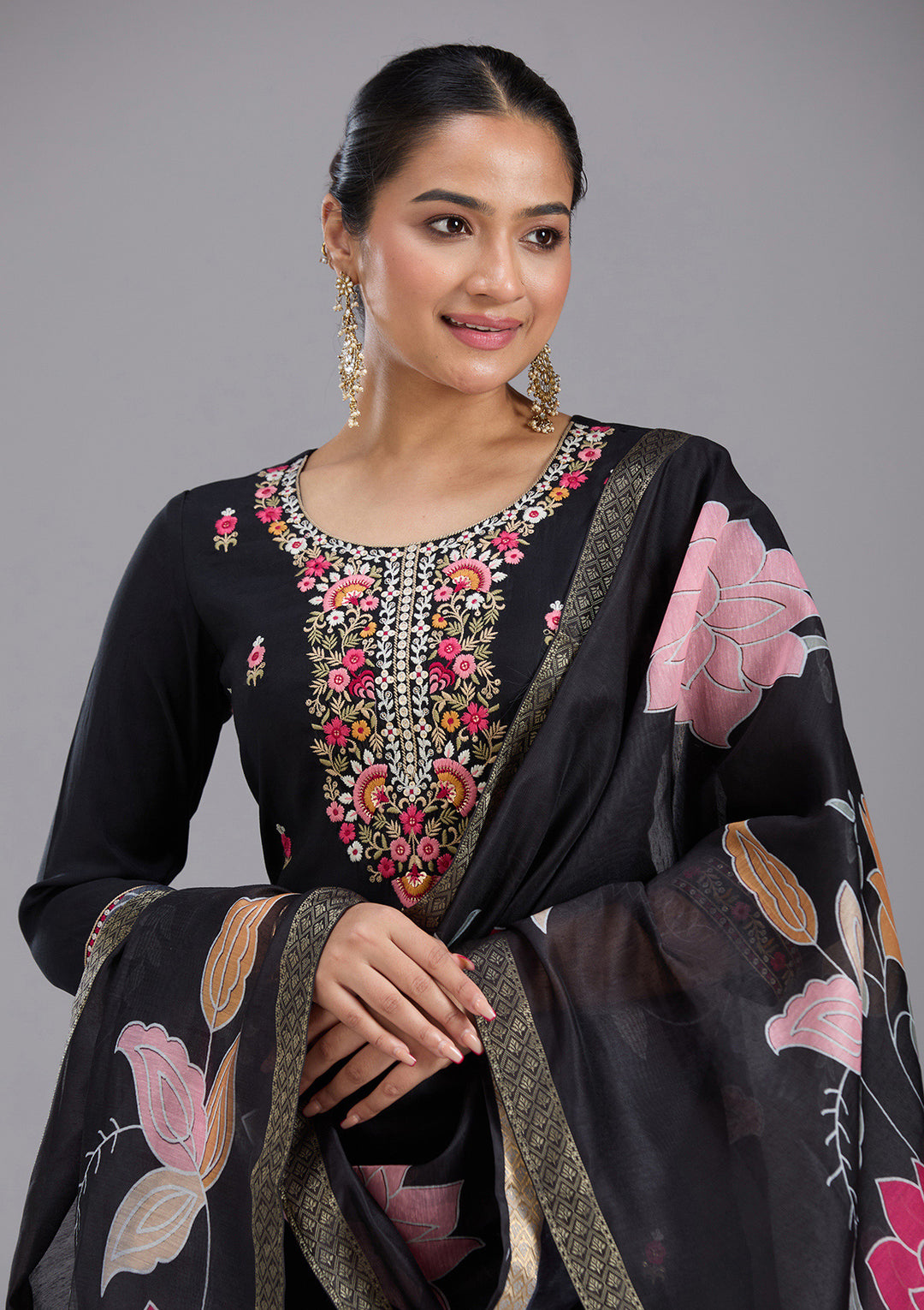 Black Threadwork Chanderi Readymade Salwar Suit