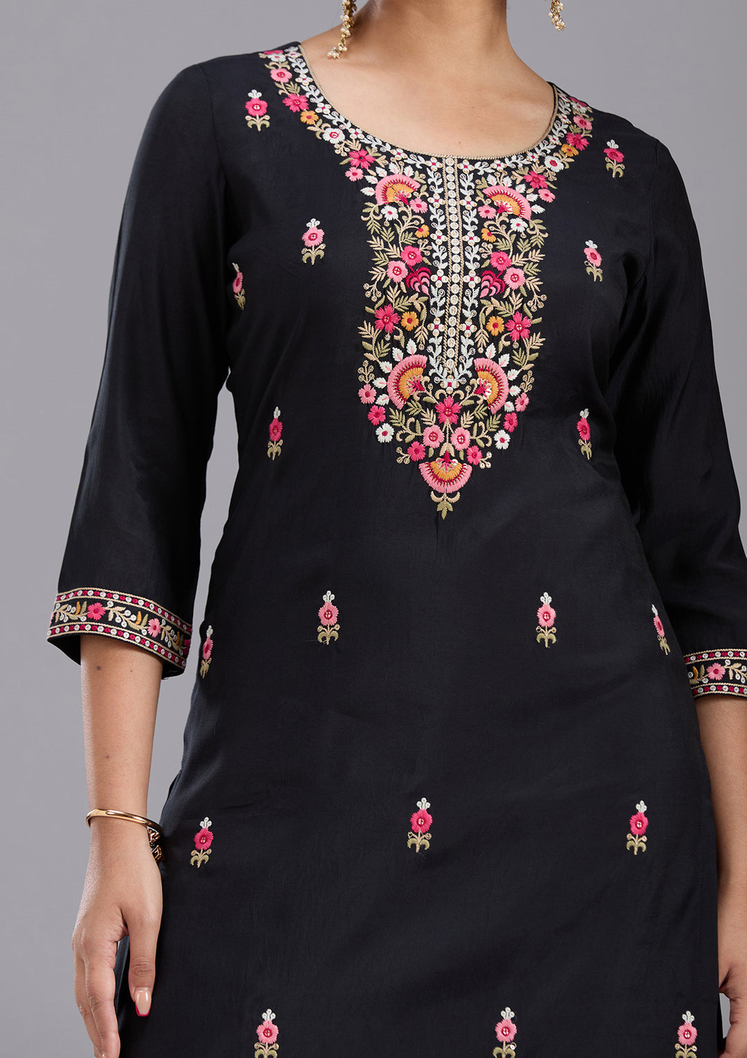 Black Threadwork Chanderi Readymade Salwar Suit