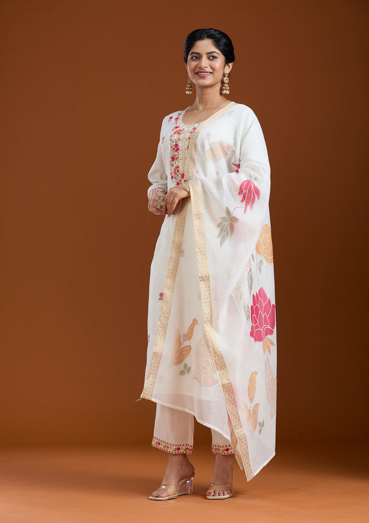 White Threadwork Chanderi Readymade Salwar Suit