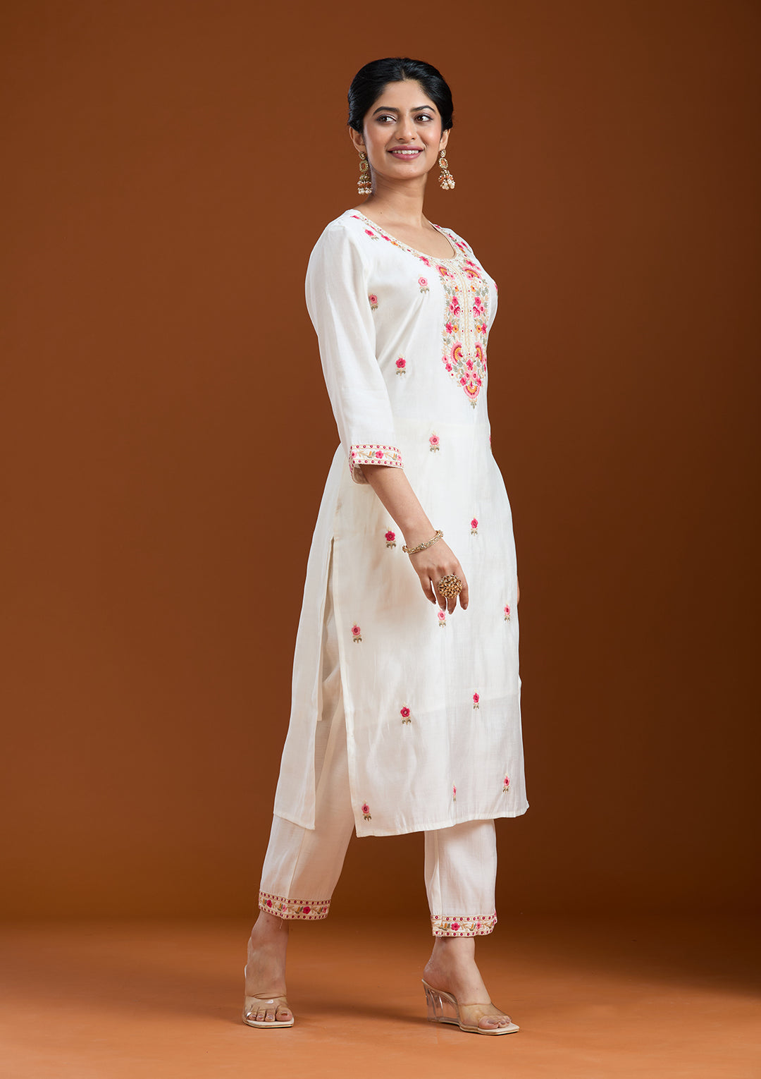 White Threadwork Chanderi Readymade Salwar Suit