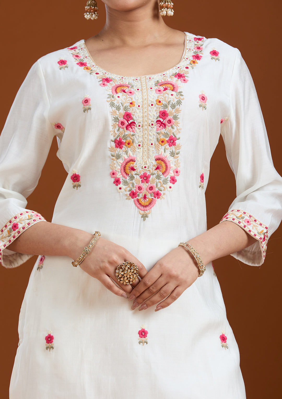 White Threadwork Chanderi Readymade Salwar Suit