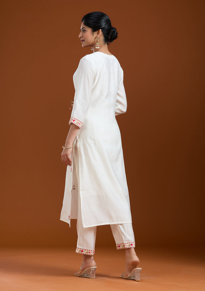 White Threadwork Chanderi Readymade Salwar Suit