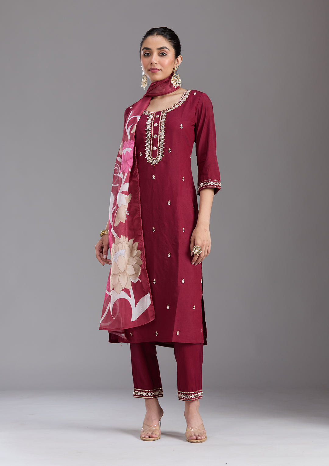 Maroon Cutdana Chanderi Readymade Salwar Suit