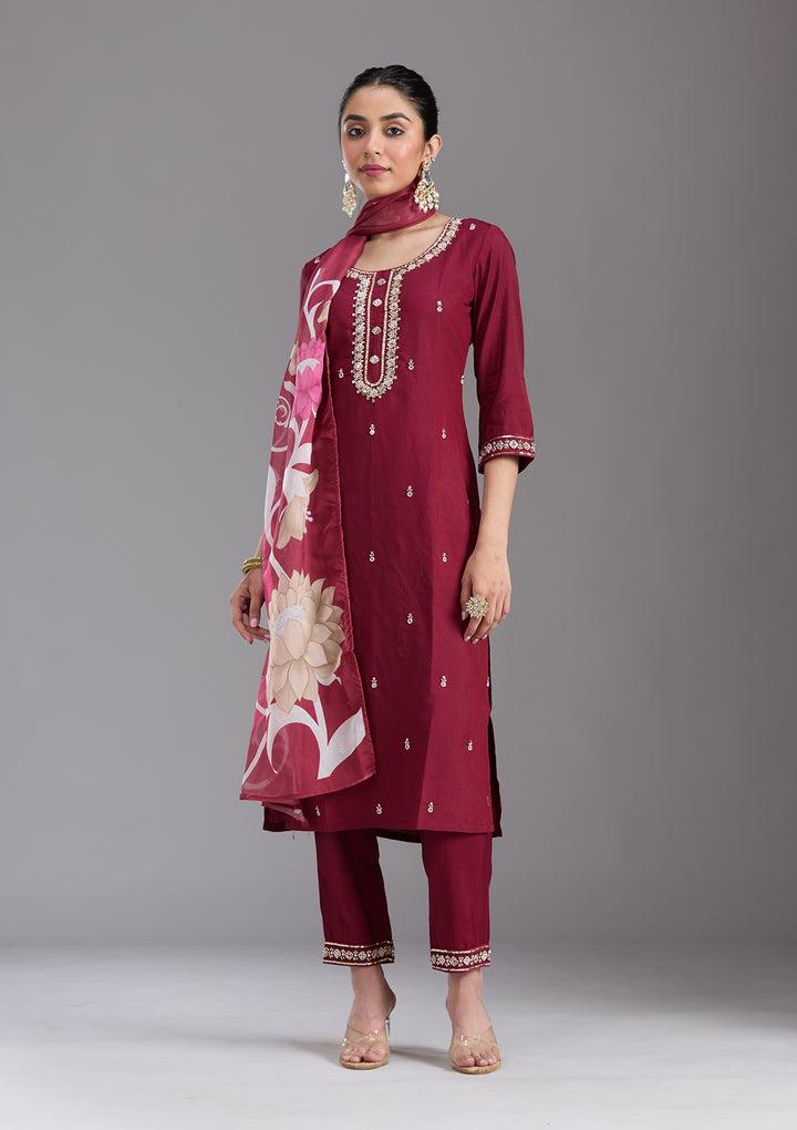 Maroon Cutdana Chanderi Readymade Salwar Suit