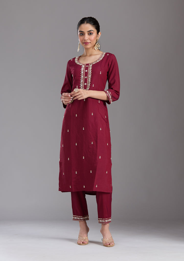 Maroon Cutdana Chanderi Readymade Salwar Suit