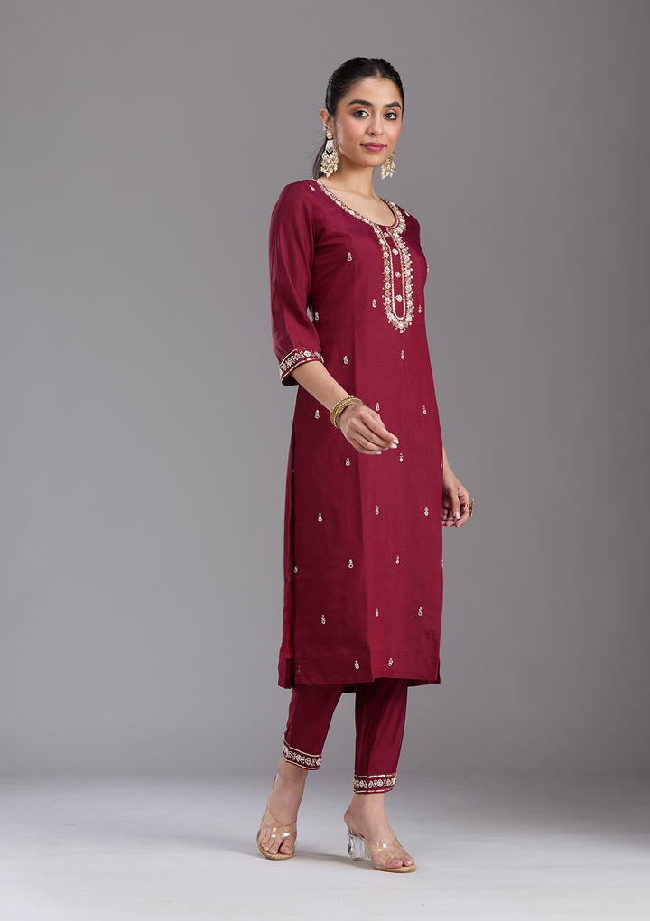 Maroon Cutdana Chanderi Readymade Salwar Suit