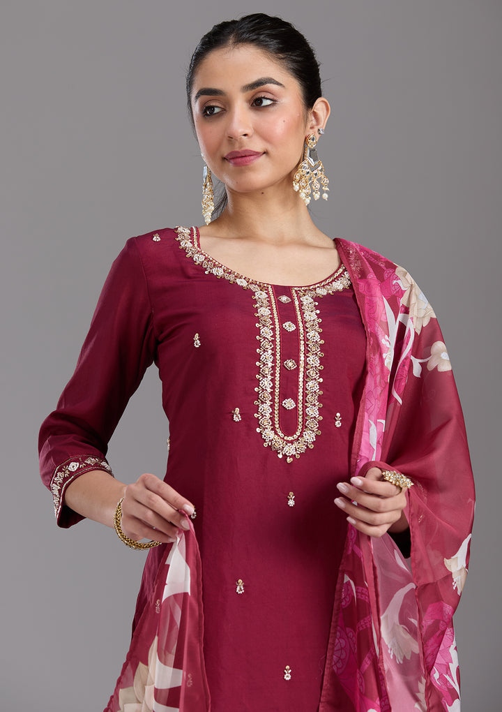 Maroon Cutdana Chanderi Readymade Salwar Suit