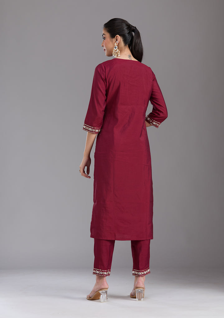 Maroon Cutdana Chanderi Readymade Salwar Suit