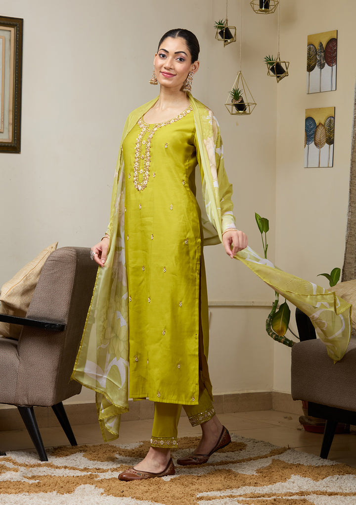 Parrot Green Cutdana Chanderi Readymade Salwar Suit