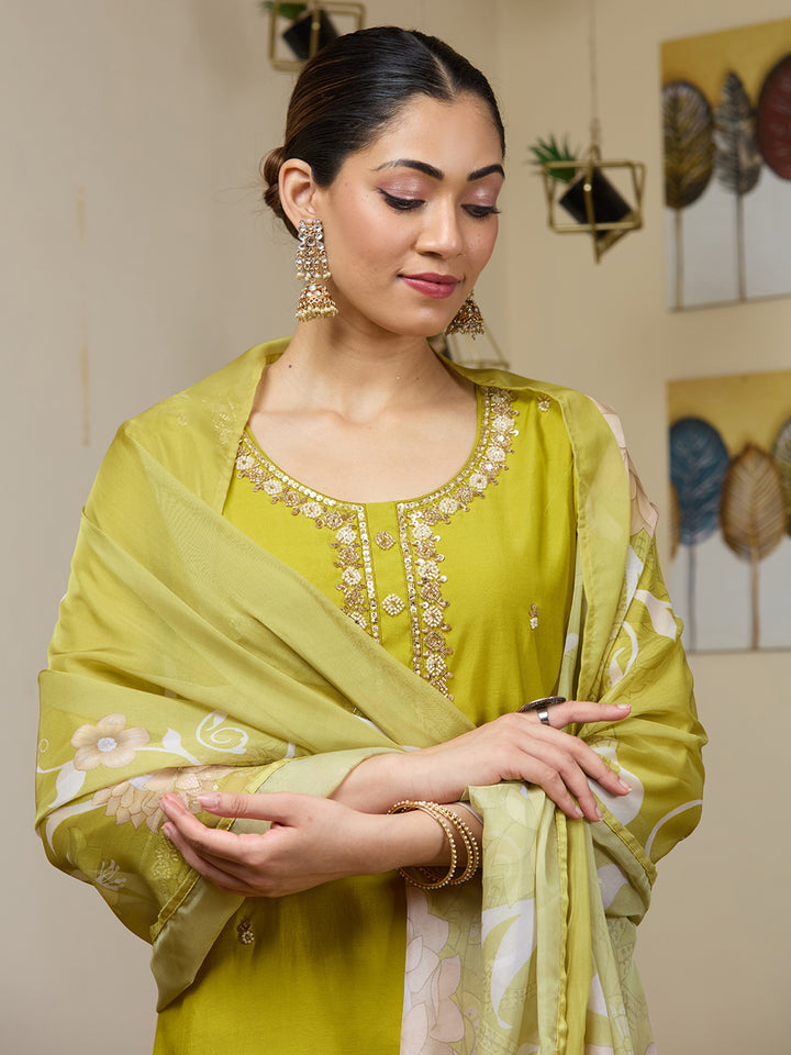 Parrot Green Cutdana Chanderi Readymade Salwar Suit