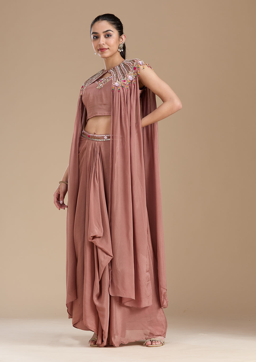 Brown Cutdana Georgette Readymade Salwar Suit