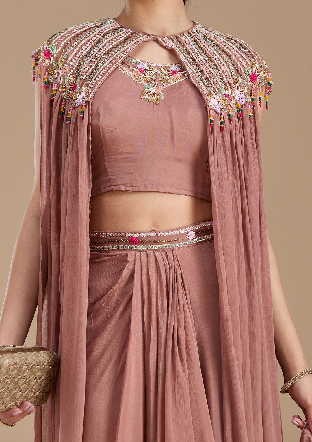 Brown Cutdana Georgette Readymade Salwar Suit