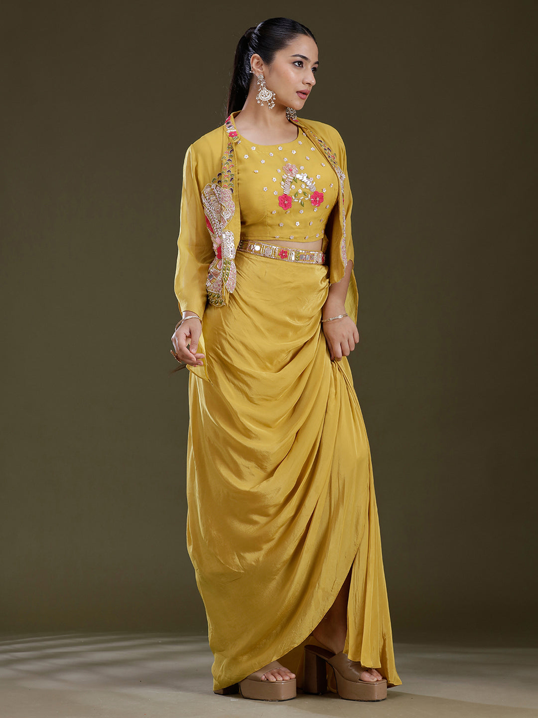Mustard Yellow Threadwork Satin Readymade Salwar Suit