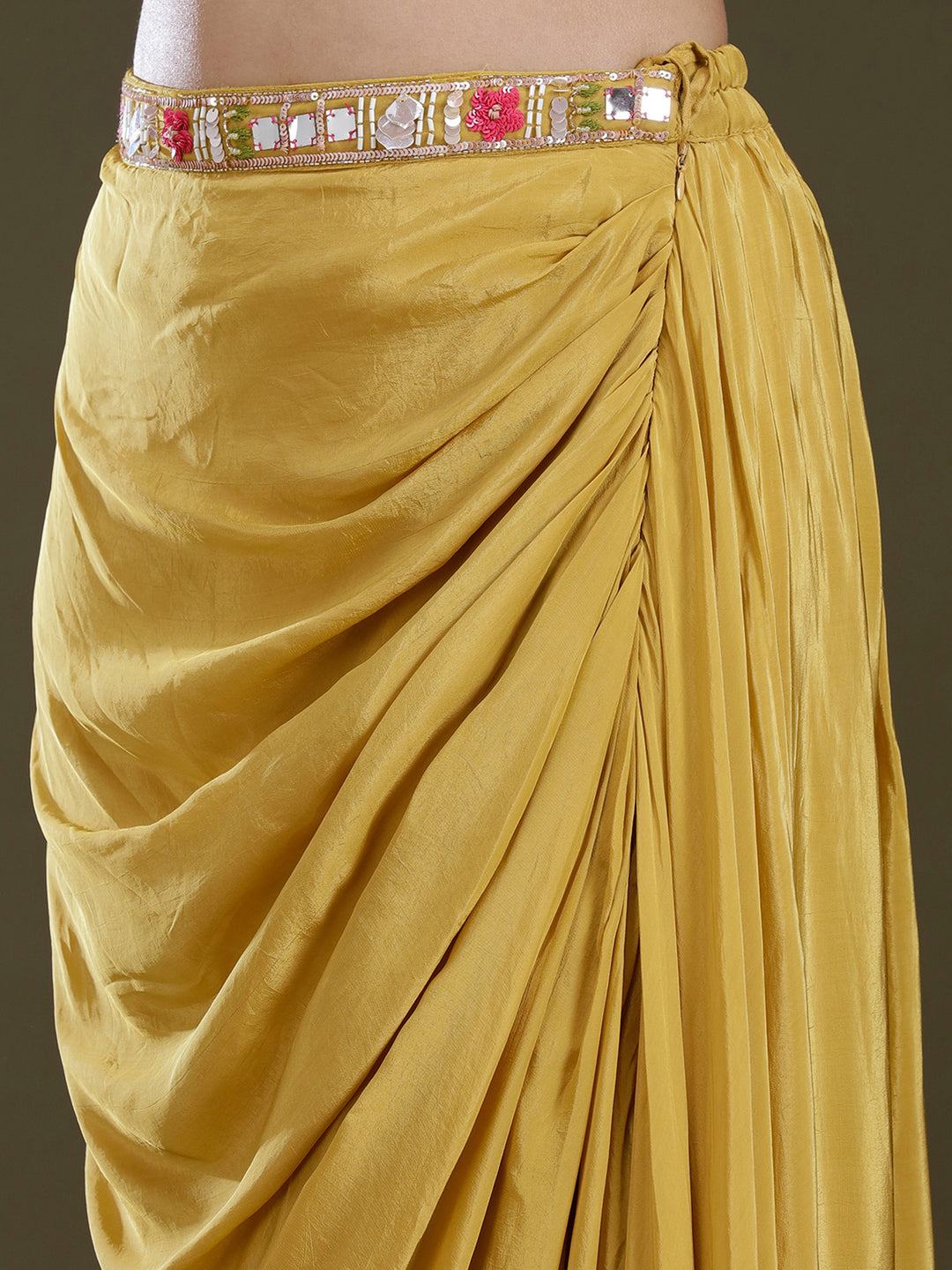 Mustard Yellow Threadwork Satin Readymade Salwar Suit
