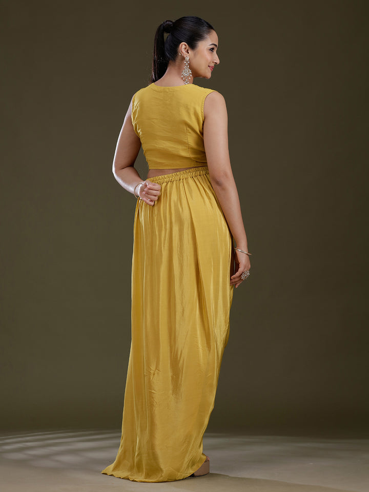 Mustard Yellow Threadwork Satin Readymade Salwar Suit