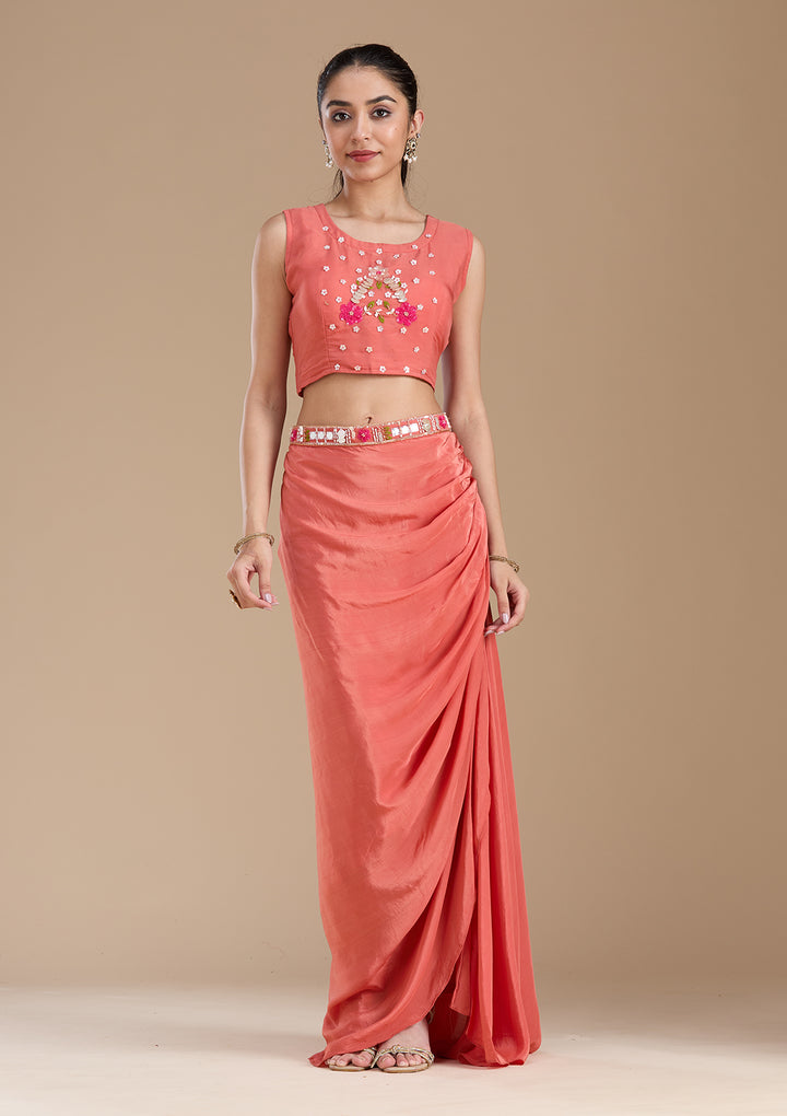 Rust Applique Satin Readymade Salwar Suit