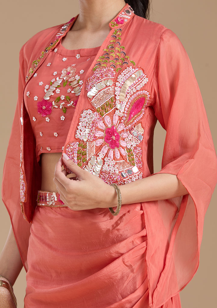 Rust Applique Satin Readymade Salwar Suit