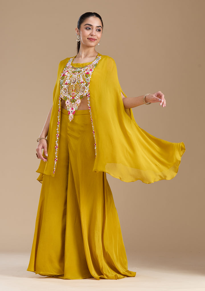 Mustard Yellow Threadwork Crepe Readymade Salwar Suit