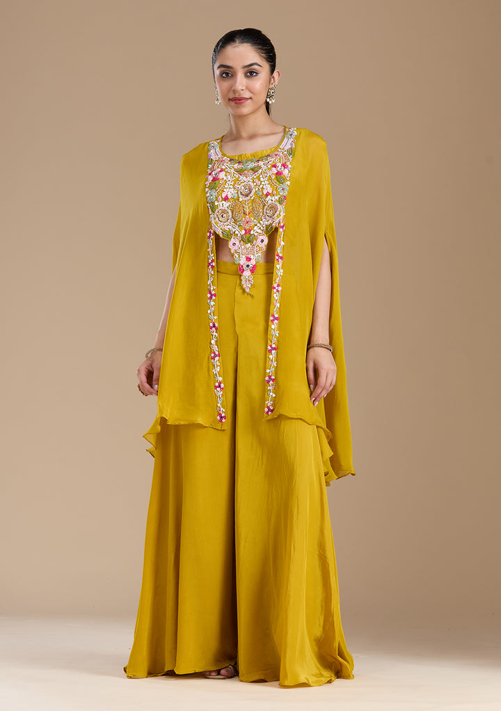 Mustard Yellow Threadwork Crepe Readymade Salwar Suit