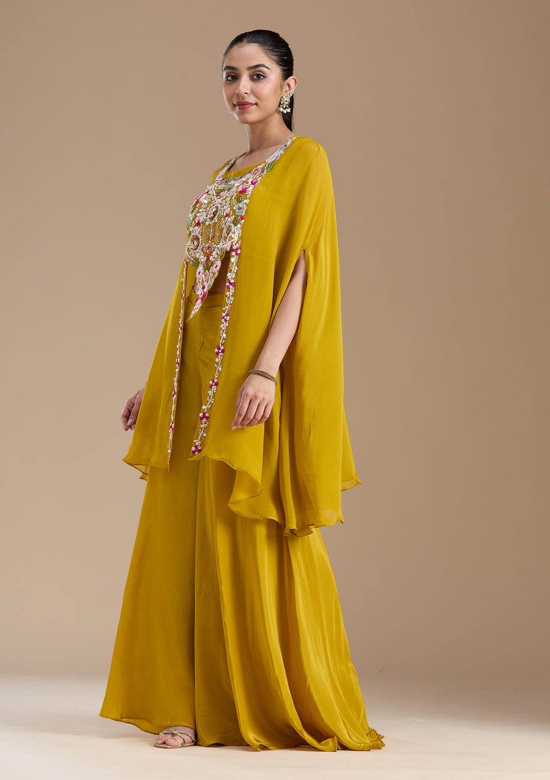 Mustard Yellow Threadwork Crepe Readymade Salwar Suit