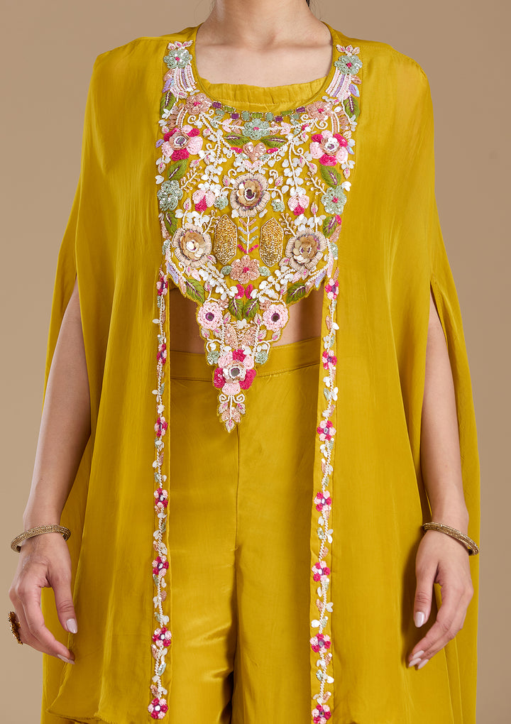 Mustard Yellow Threadwork Crepe Readymade Salwar Suit