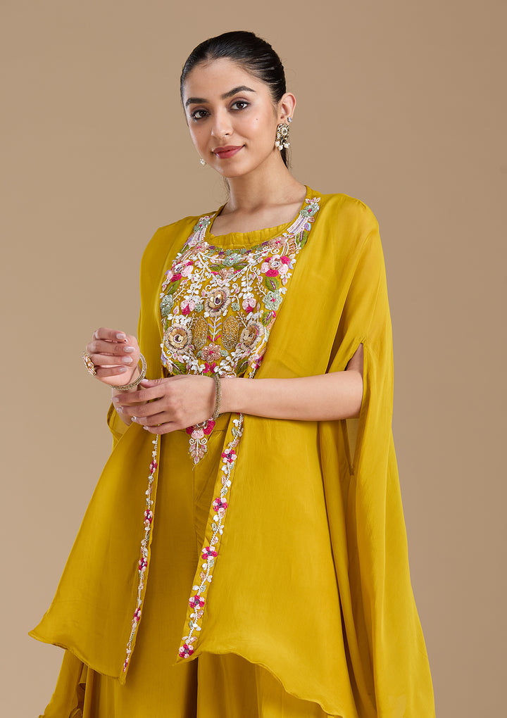 Mustard Yellow Threadwork Crepe Readymade Salwar Suit