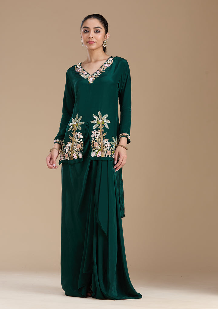 Bottle Green Threadwork Satin Readymade Salwar Suit