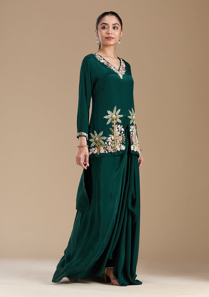 Bottle Green Threadwork Satin Readymade Salwar Suit