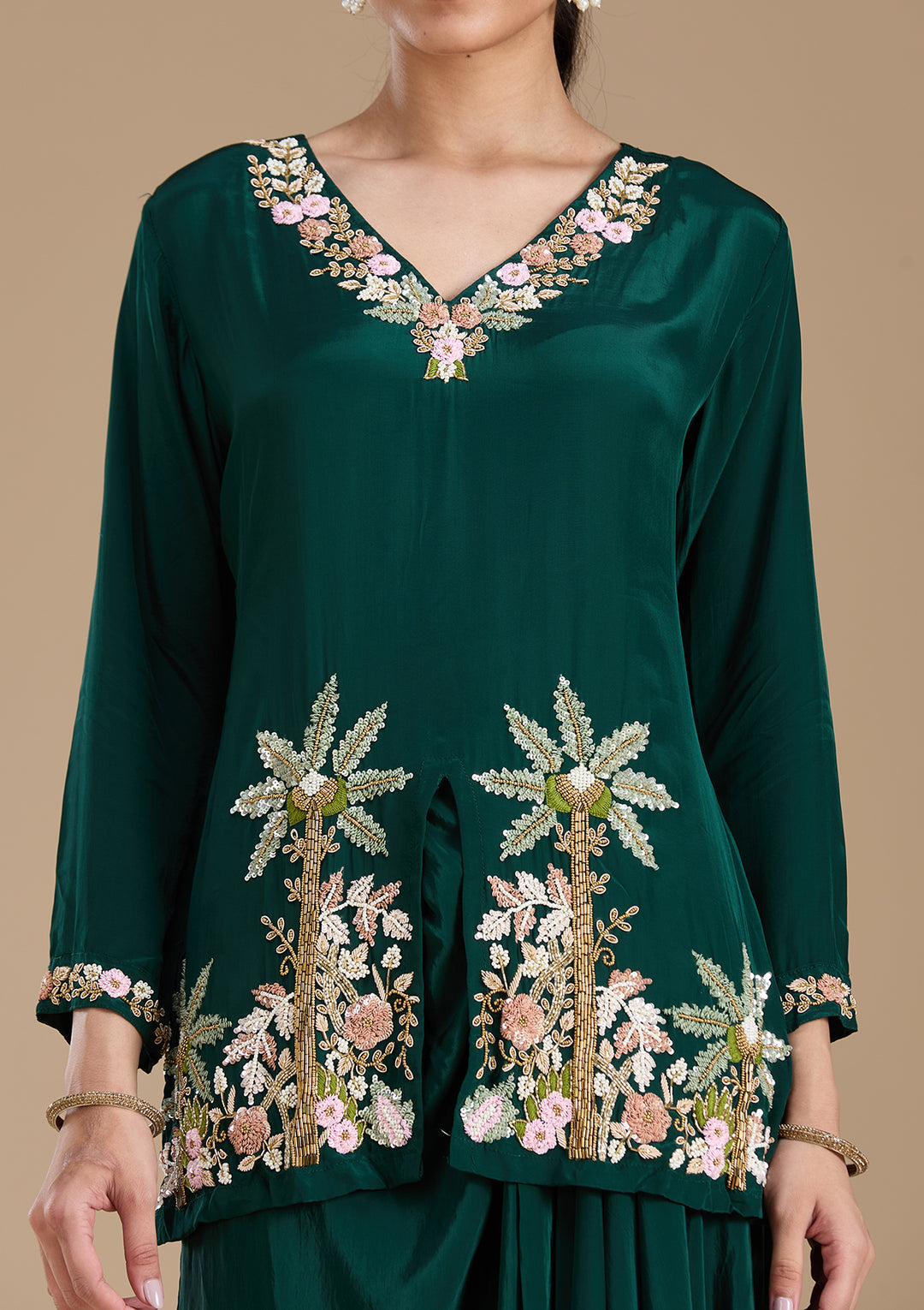 Bottle Green Threadwork Satin Readymade Salwar Suit