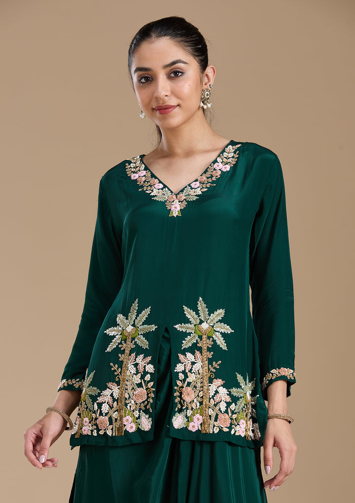 Bottle Green Threadwork Satin Readymade Salwar Suit