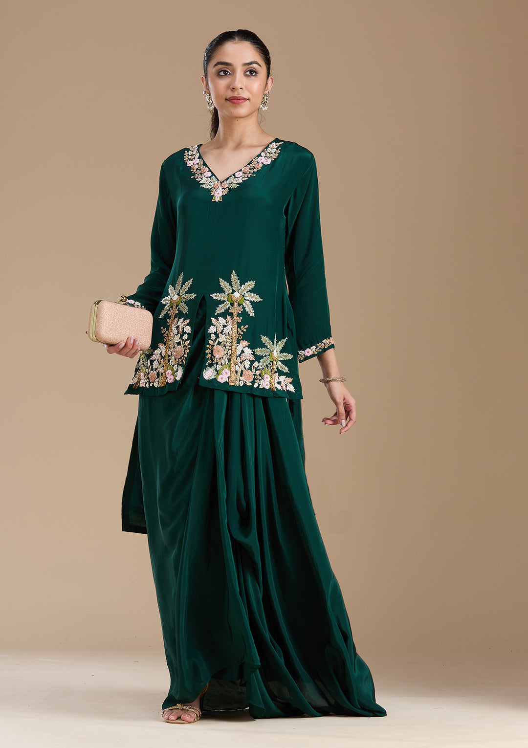 Bottle Green Threadwork Satin Readymade Salwar Suit