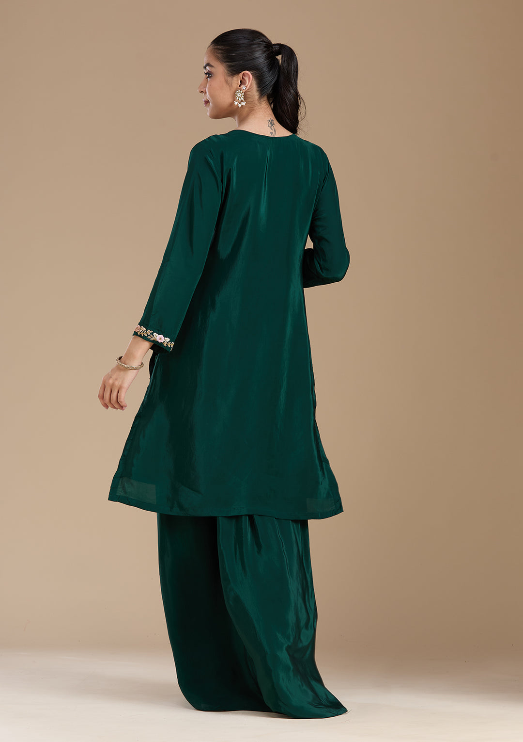 Bottle Green Threadwork Satin Readymade Salwar Suit