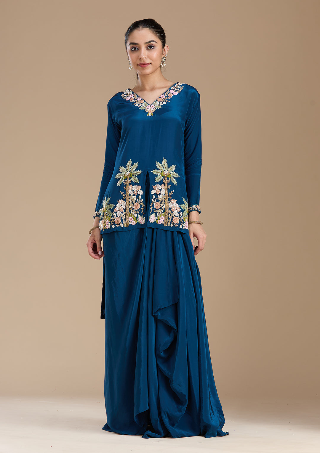 Navy Blue Threadwork Satin Readymade Salwar Suit