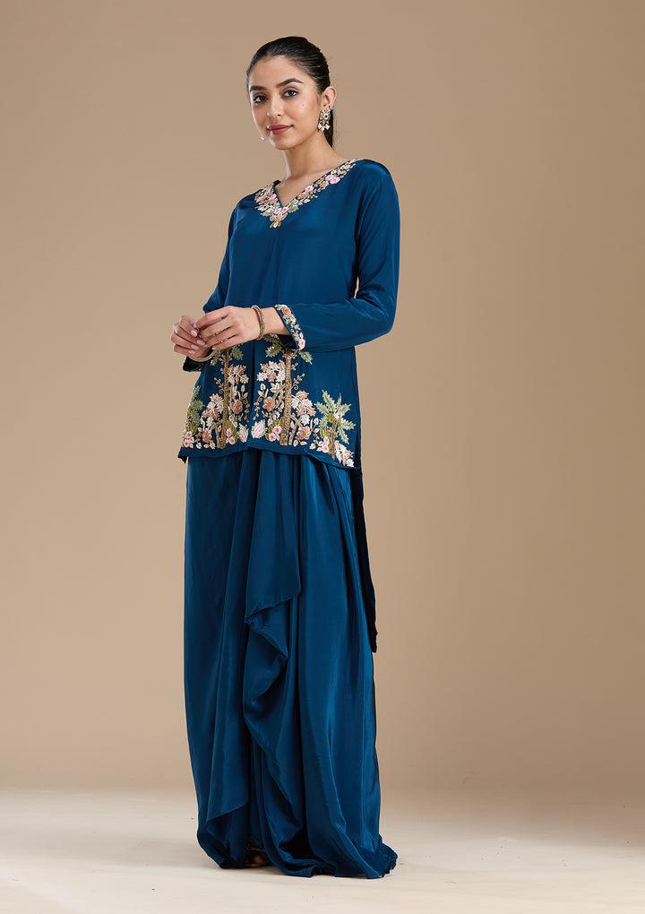 Navy Blue Threadwork Satin Readymade Salwar Suit