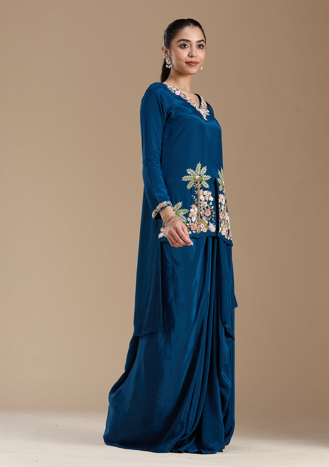 Navy Blue Threadwork Satin Readymade Salwar Suit