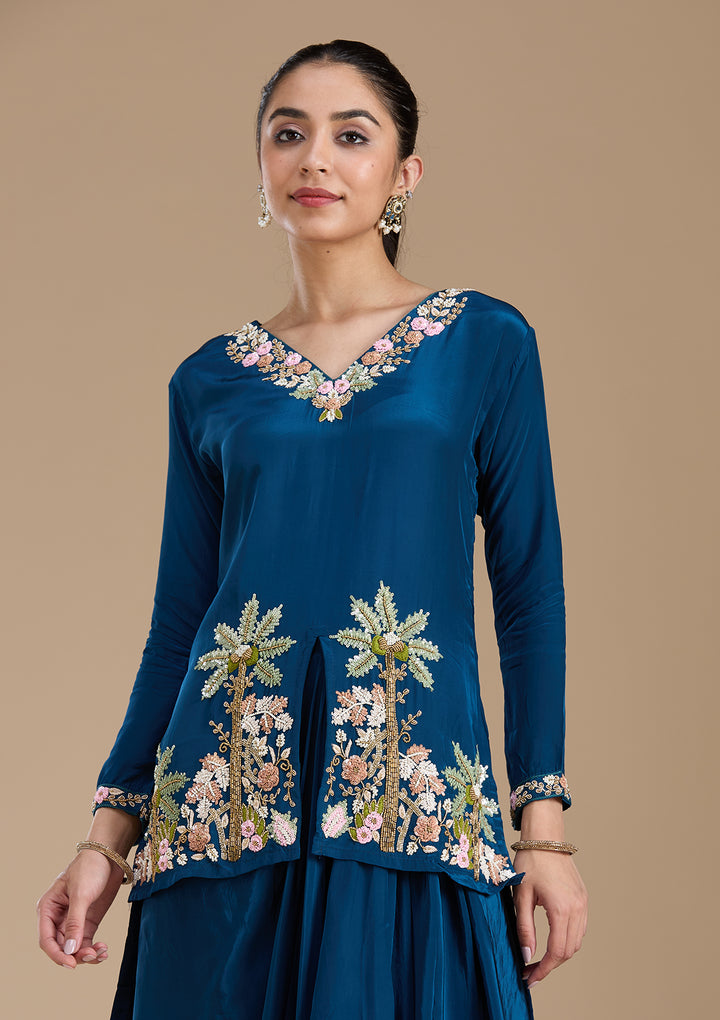 Navy Blue Threadwork Satin Readymade Salwar Suit