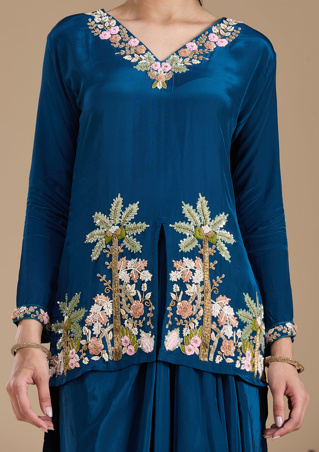 Navy Blue Threadwork Satin Readymade Salwar Suit