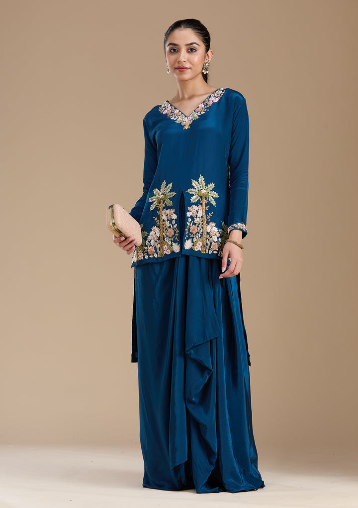 Navy Blue Threadwork Satin Readymade Salwar Suit