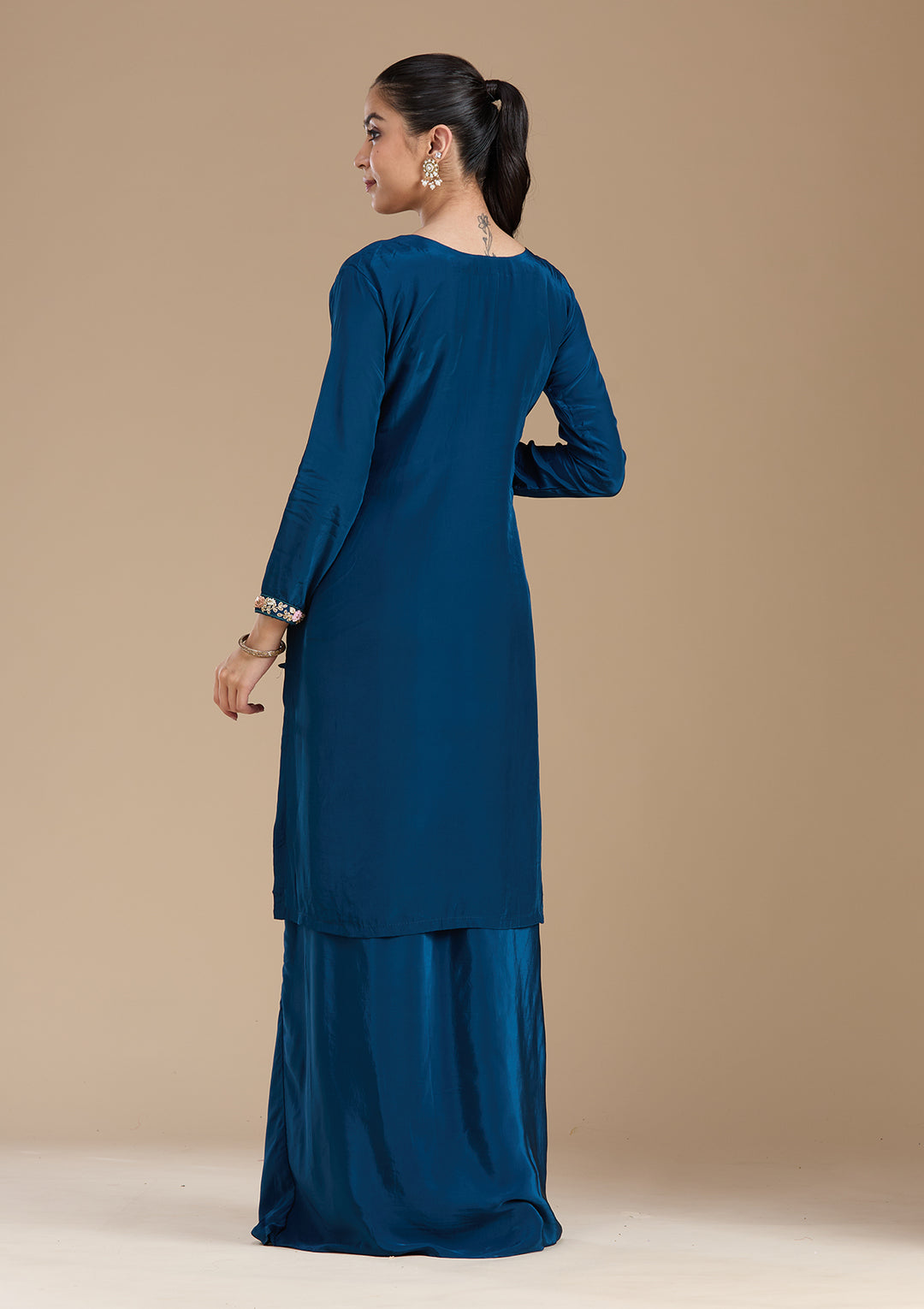 Navy Blue Threadwork Satin Readymade Salwar Suit