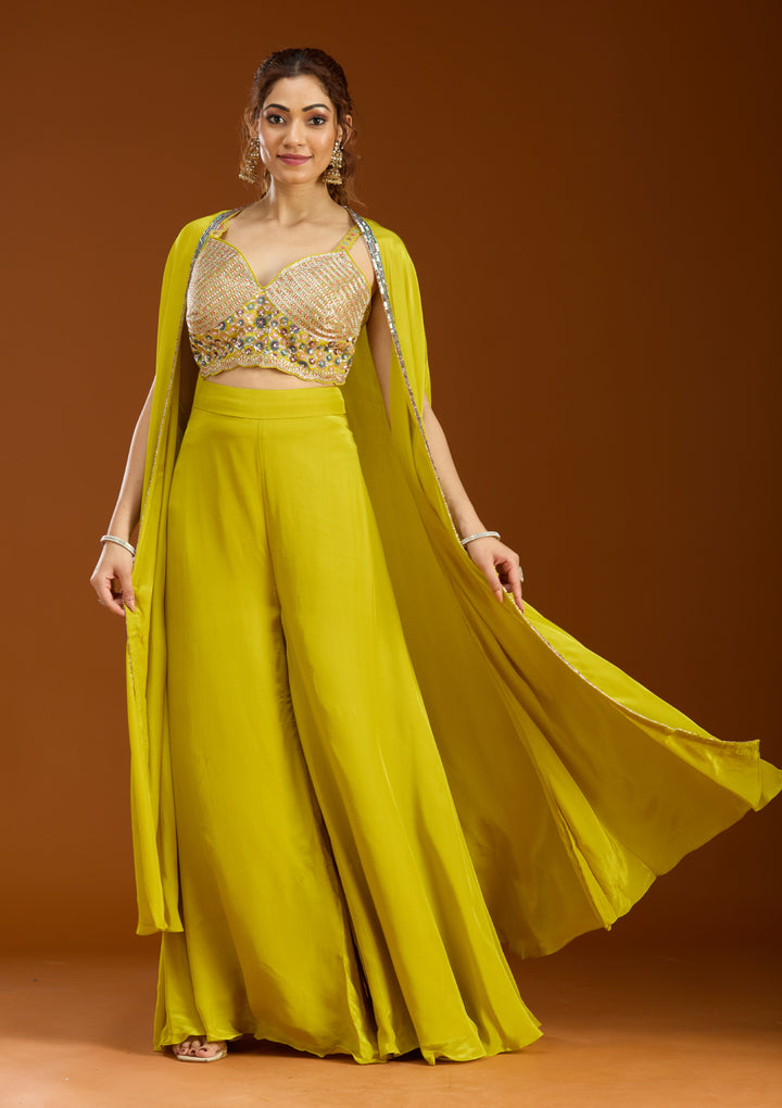 Lemon Yellow Georgette Cutdana Crop Top Kurta With Palazzo And Dupatta