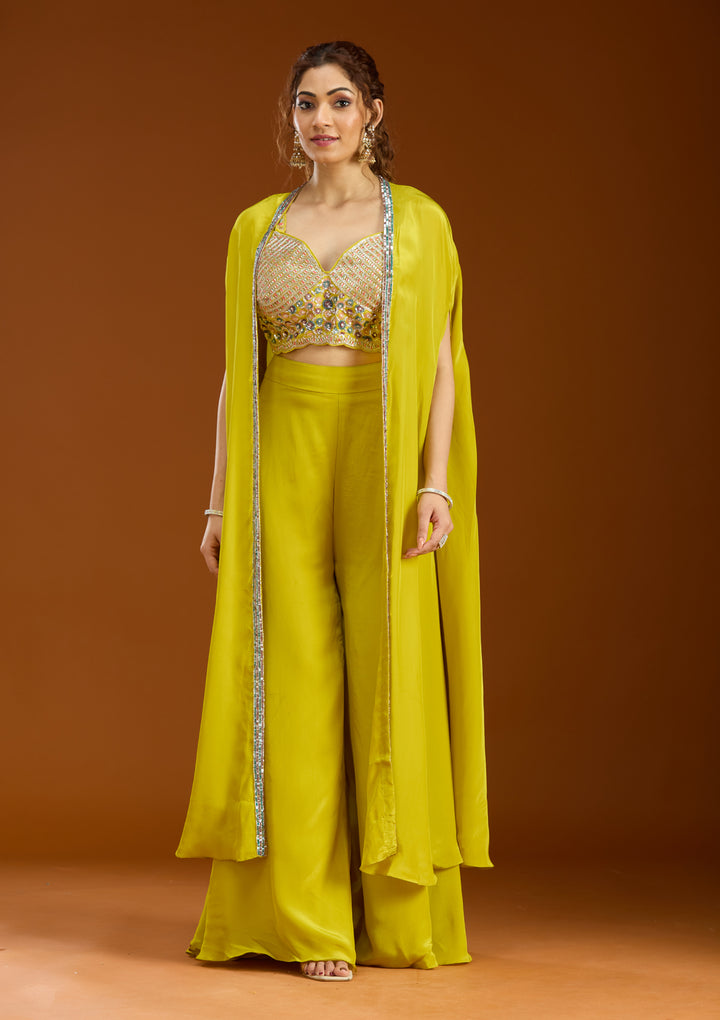 Lemon Yellow Georgette Cutdana Crop Top Kurta With Palazzo And Dupatta