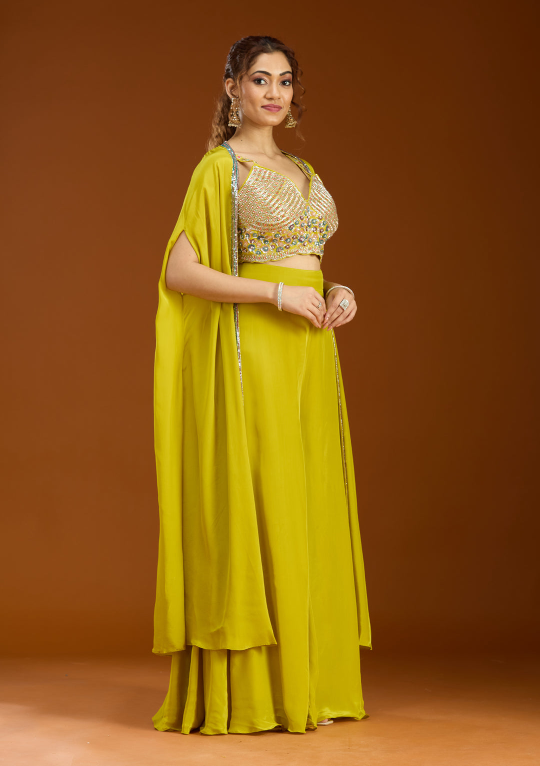 Lemon Yellow Georgette Cutdana Crop Top Kurta With Palazzo And Dupatta