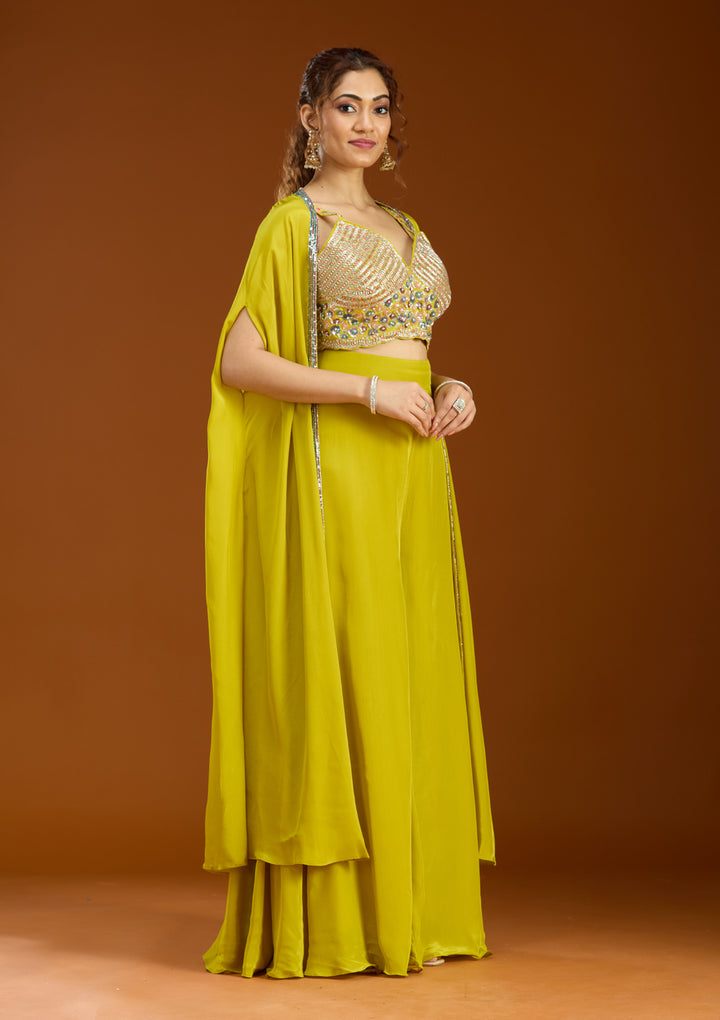 Lemon Yellow Georgette Cutdana Crop Top Kurta With Palazzo And Dupatta