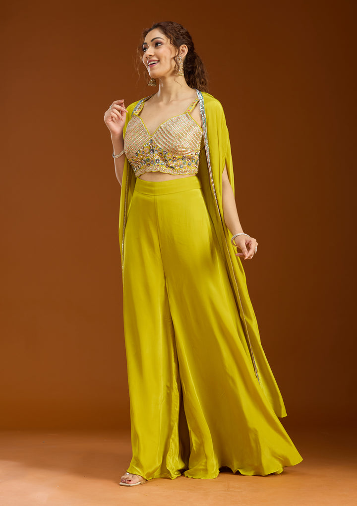 Lemon Yellow Georgette Cutdana Crop Top Kurta With Palazzo And Dupatta