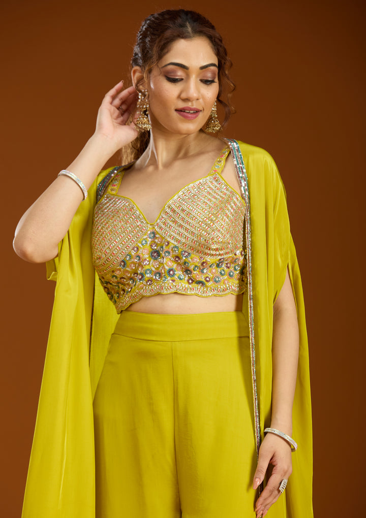 Lemon Yellow Georgette Cutdana Crop Top Kurta With Palazzo And Dupatta
